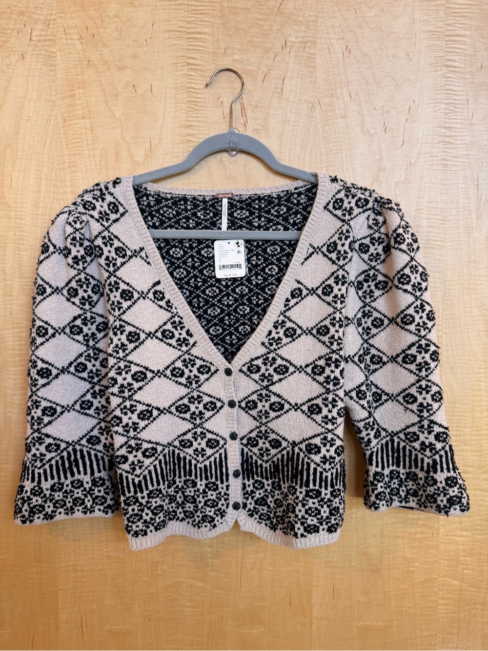 Free People Cream and Black Patterned V-Neck Cardigan